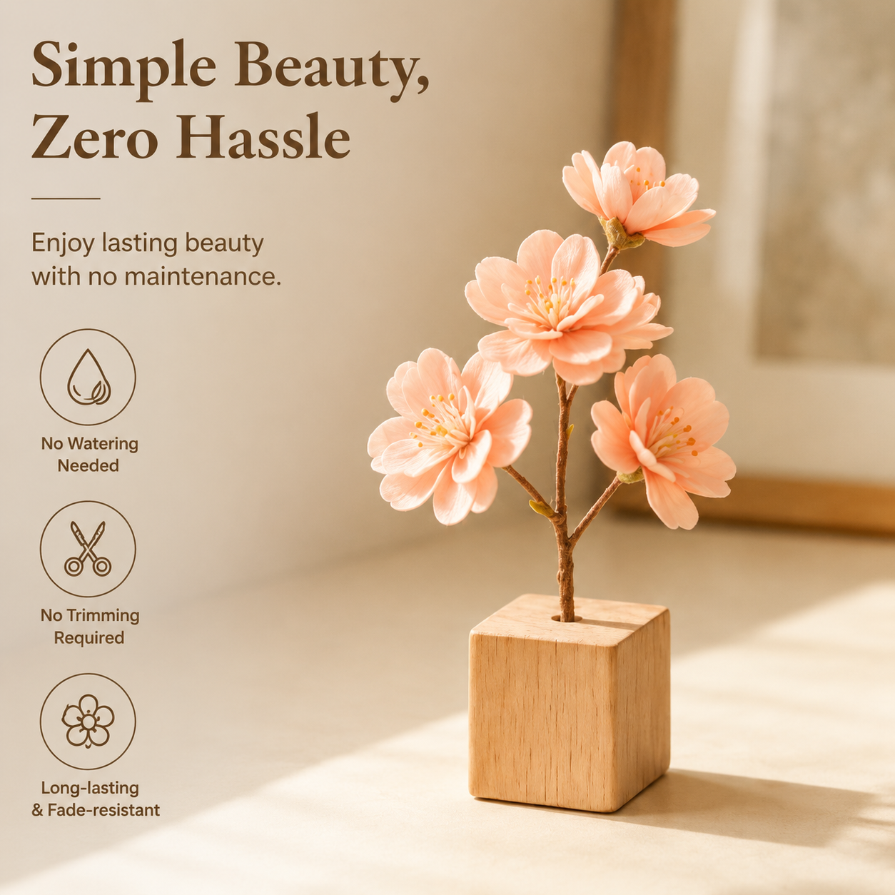Mini Artificial Cherry Blossom with Wooden Base, Tabletop Floral Decor