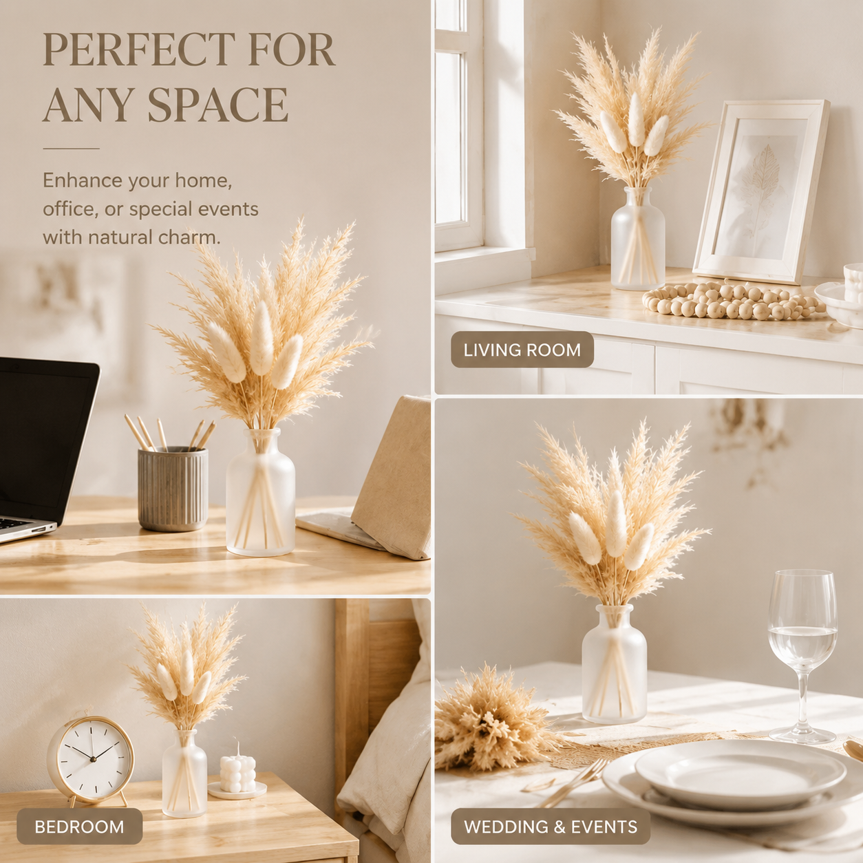 Small Pampas Grass Bouquet with Frosted Glass Vase, Home & Office Decor