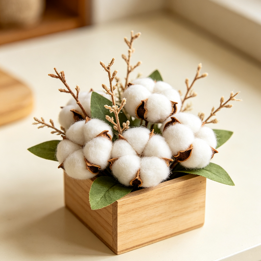 Mini Artificial Cotton Flower Arrangement with Wood Box, Tabletop Decor