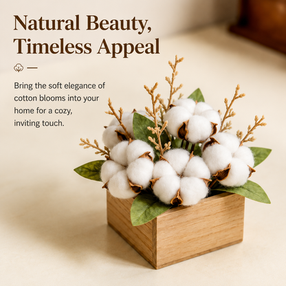 Mini Artificial Cotton Flower Arrangement with Wood Box, Tabletop Decor