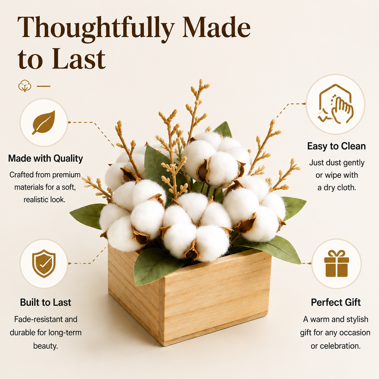 Mini Artificial Cotton Flower Arrangement with Wood Box, Tabletop Decor