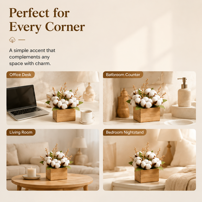 Mini Artificial Cotton Flower Arrangement with Wood Box, Tabletop Decor