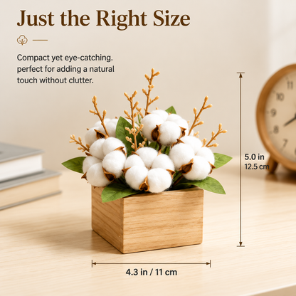Mini Artificial Cotton Flower Arrangement with Wood Box, Tabletop Decor