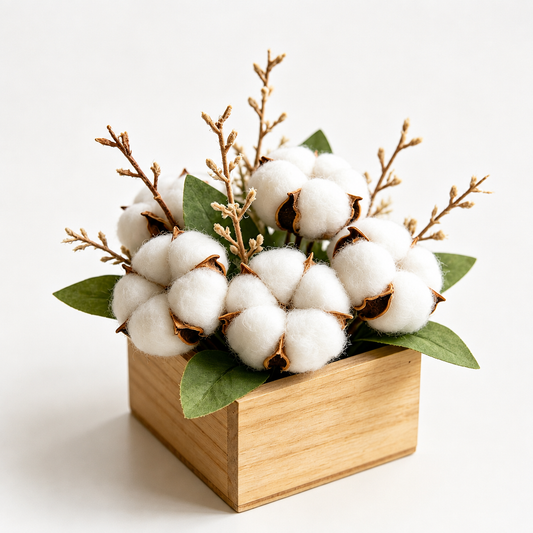 Shineiva®  Mini Artificial Cotton Flower Arrangement with Wooden Box