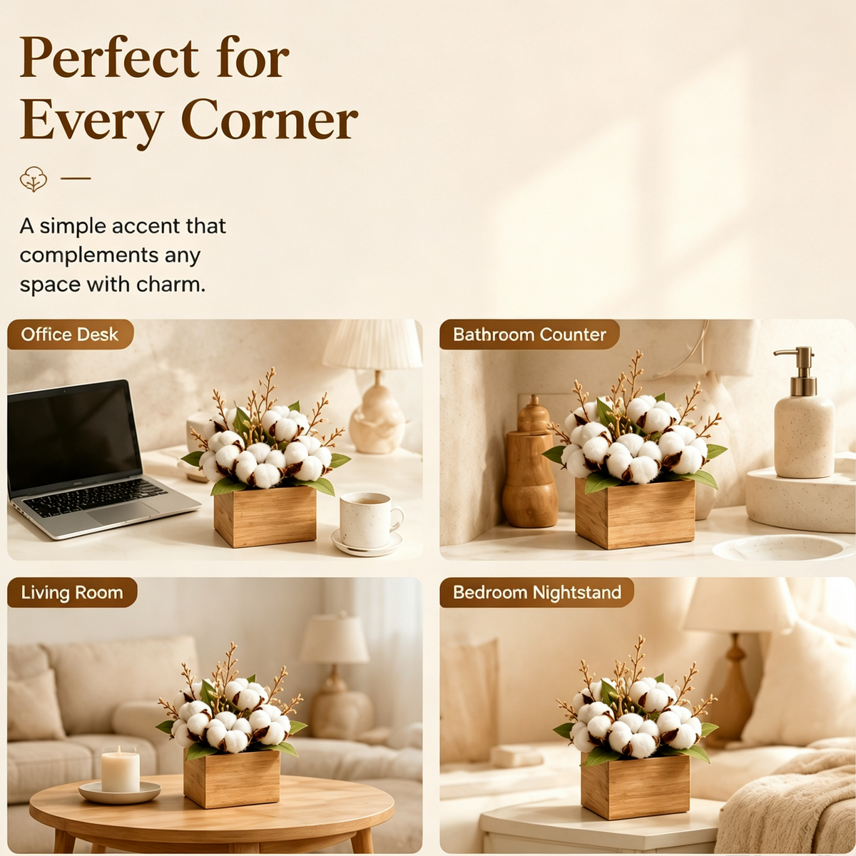 Shineiva®  Mini Artificial Cotton Flower Arrangement with Wooden Box