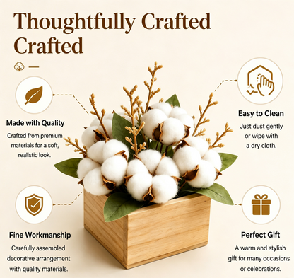 Shineiva®  Mini Artificial Cotton Flower Arrangement with Wooden Box