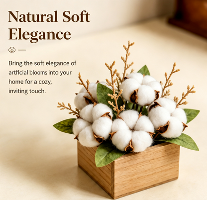 Shineiva®  Mini Artificial Cotton Flower Arrangement with Wooden Box