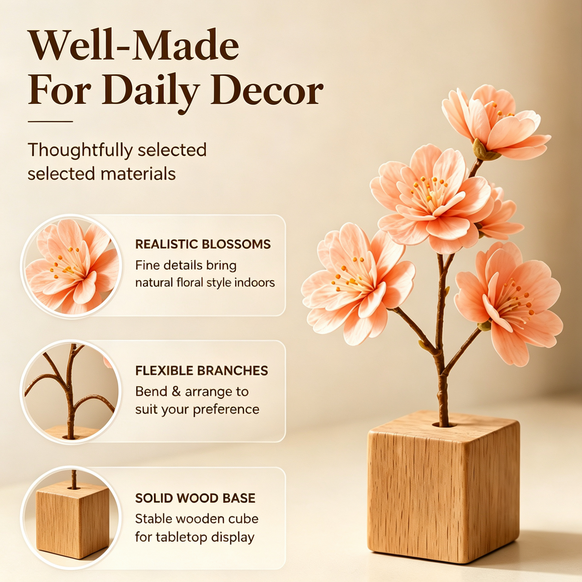 Shineiva® Mini Artificial Cherry Blossom with Wooden Base, Tabletop Floral Decor