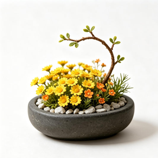 Shineiva® Yellow Daisy Mini Bonsai in Gray Ceramic Pot