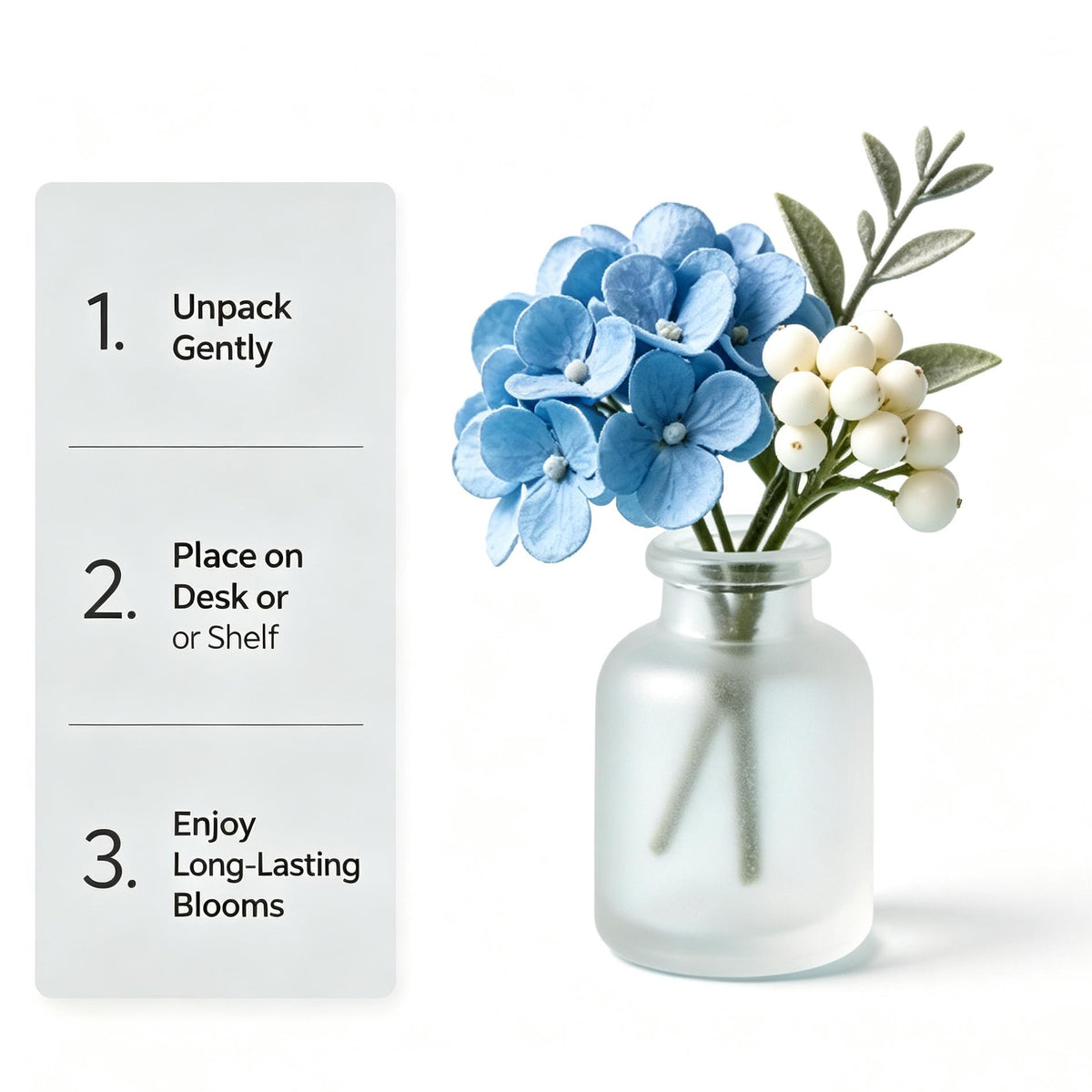 Shineiva® Blue Hydrangea Bouquet with Frosted Glass Vase