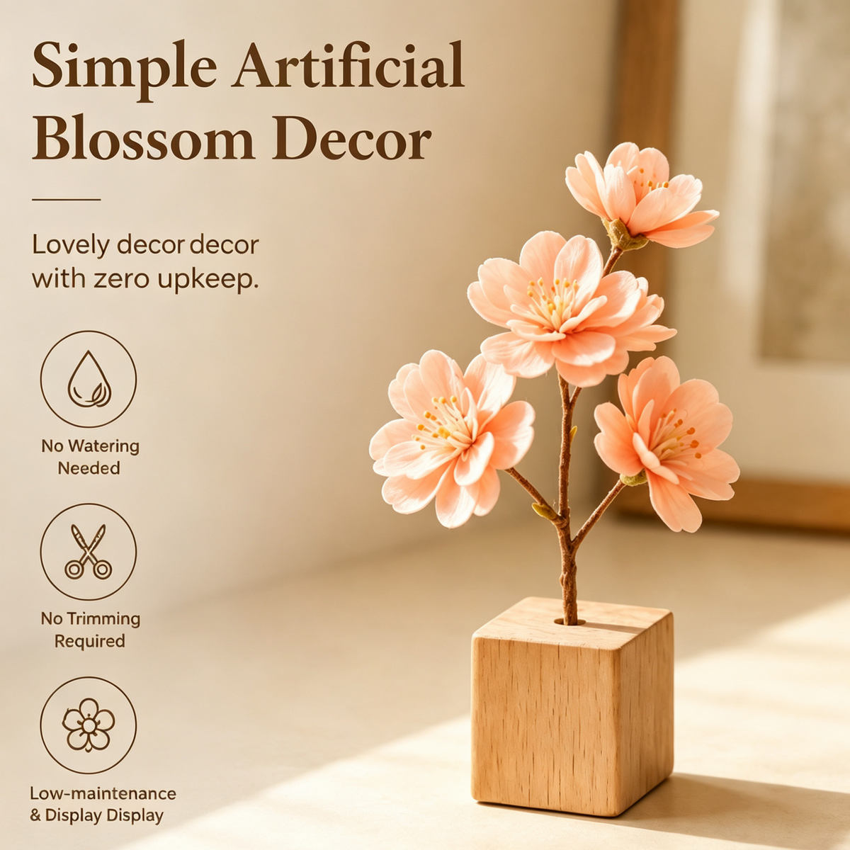 Shineiva® Mini Artificial Cherry Blossom with Wooden Base, Tabletop Floral Decor