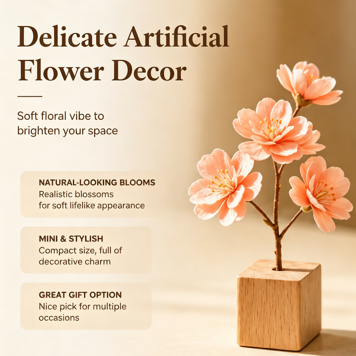 Shineiva® Mini Artificial Cherry Blossom with Wooden Base, Tabletop Floral Decor
