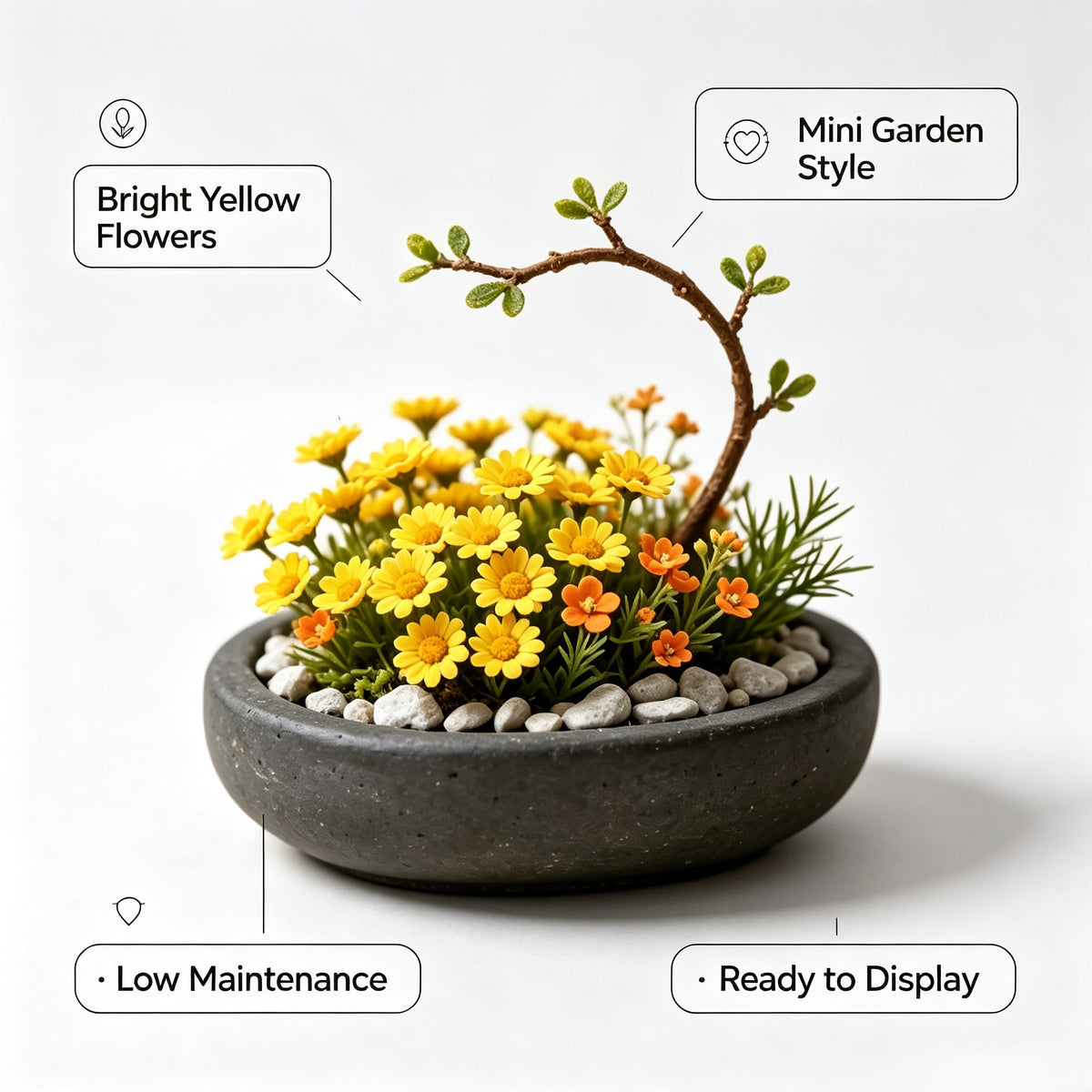 Shineiva® Yellow Daisy Mini Bonsai in Gray Ceramic Pot