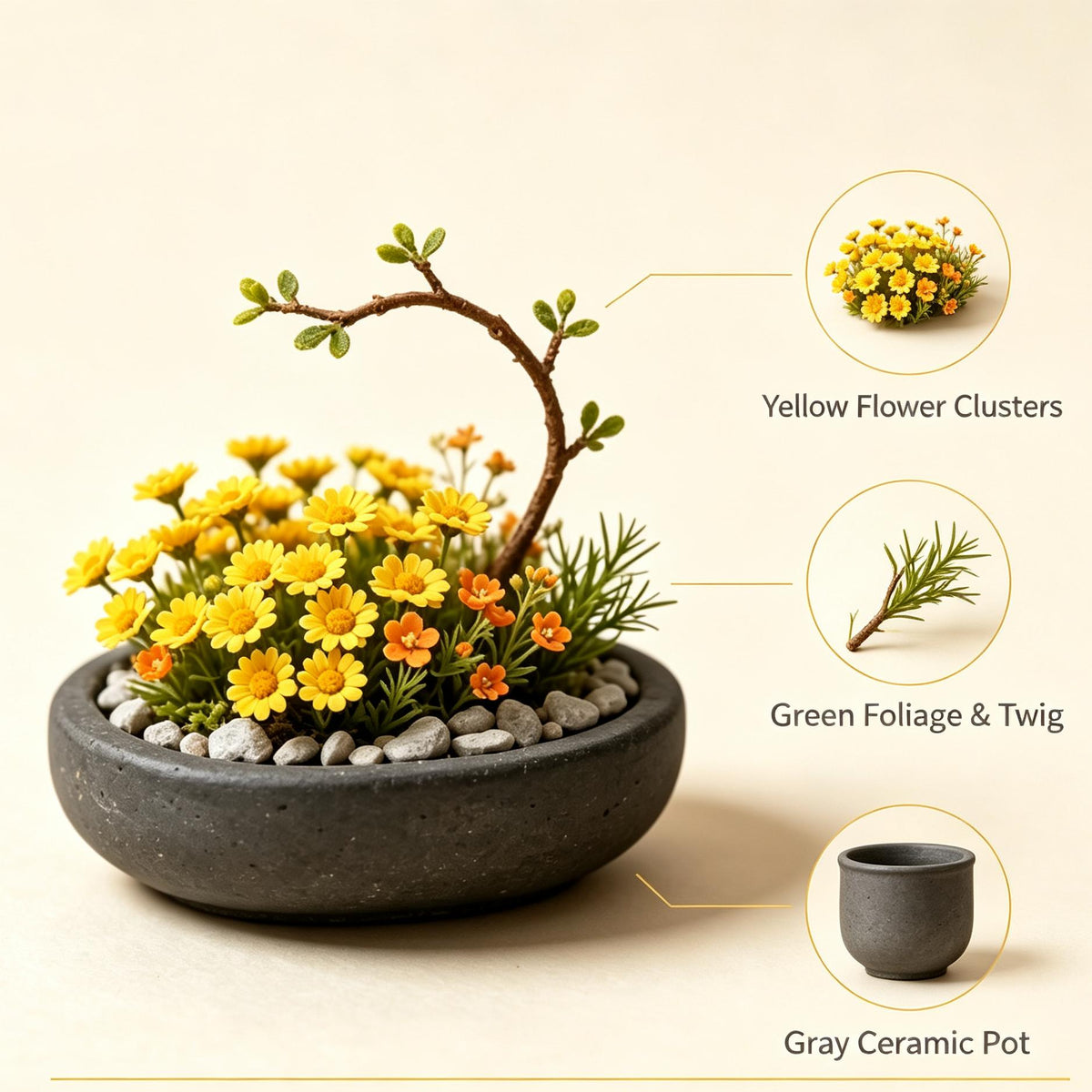 Shineiva® Yellow Daisy Mini Bonsai in Gray Ceramic Pot