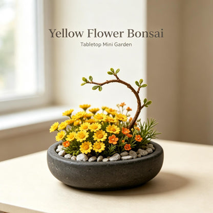 Shineiva® Yellow Daisy Mini Bonsai in Gray Ceramic Pot