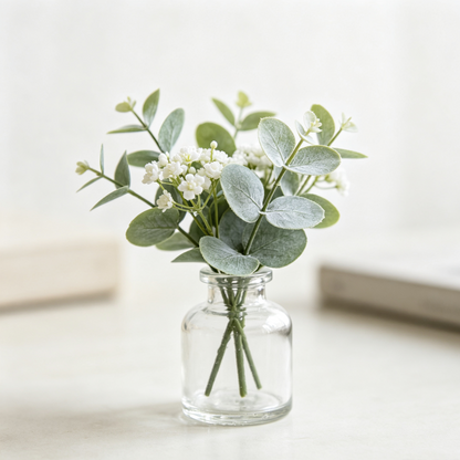 Mini Eucalyptus Artificial Flowers with Glass Vase, Tabletop Greenery Decor