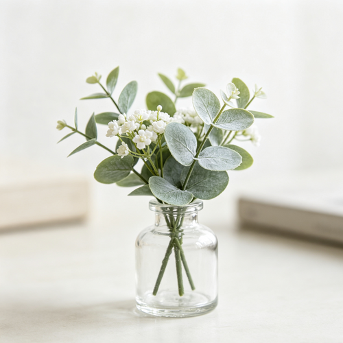 Mini Eucalyptus Artificial Flowers with Glass Vase, Tabletop Greenery Decor