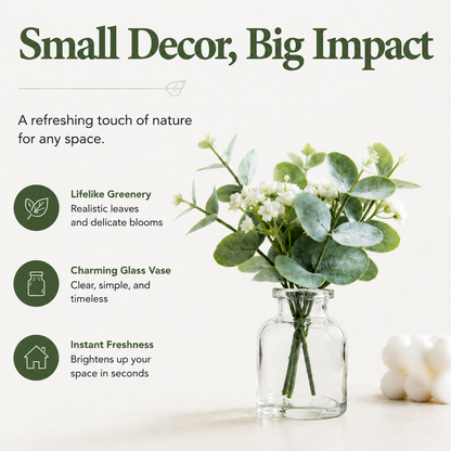 Mini Eucalyptus Artificial Flowers with Glass Vase, Tabletop Greenery Decor