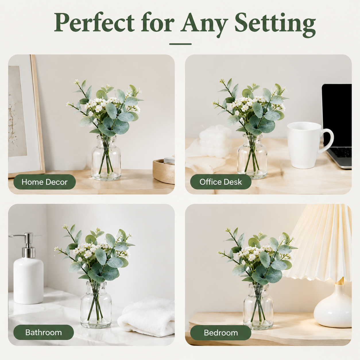 Mini Eucalyptus Artificial Flowers with Glass Vase, Tabletop Greenery Decor