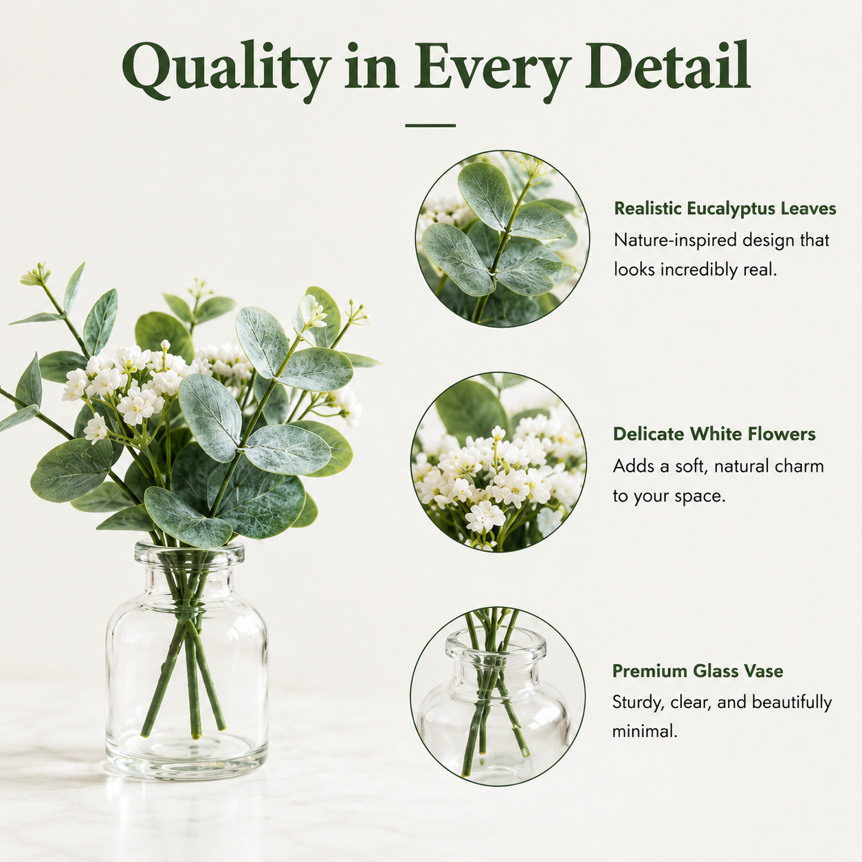 Mini Eucalyptus Artificial Flowers with Glass Vase, Tabletop Greenery Decor