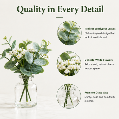 Mini Eucalyptus Artificial Flowers with Glass Vase, Tabletop Greenery Decor
