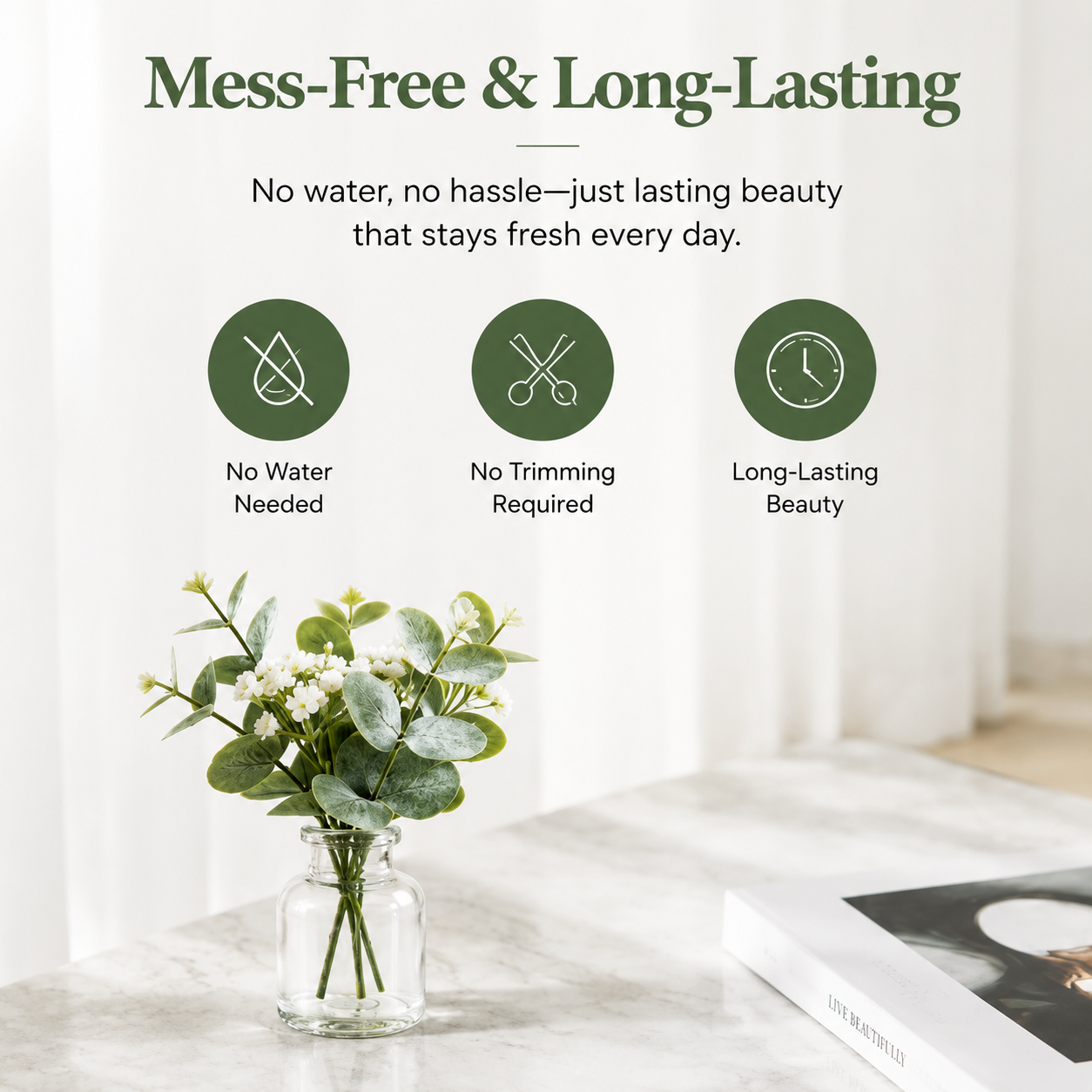 Mini Eucalyptus Artificial Flowers with Glass Vase, Tabletop Greenery Decor