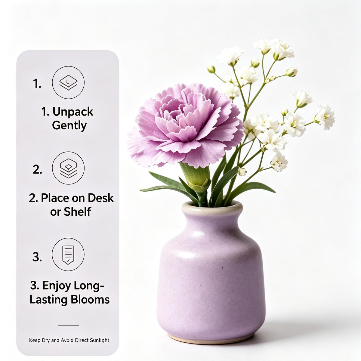 Shineiva® Purple Artificial Carnation Bouquet with Light Purple Ceramic Vase