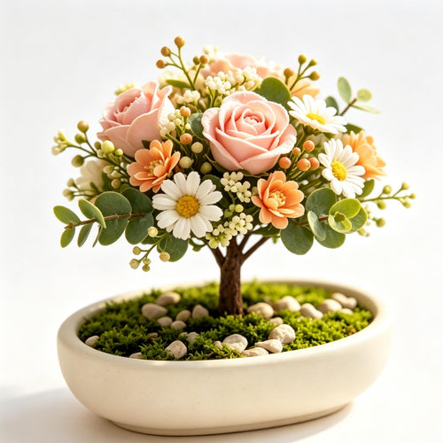 Shineiva®Pink & Orange Rose Daisy Mini Bonsai in White Ceramic Pot