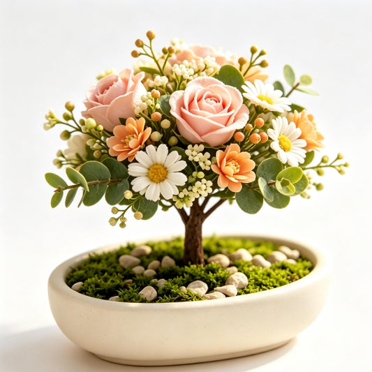 Shineiva®Pink & Orange Rose Daisy Mini Bonsai in White Ceramic Pot