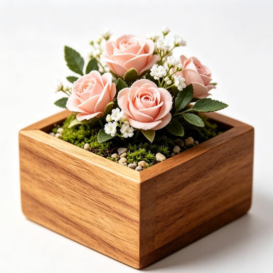 Shineiva® Wood Box Pink Rose Artificial Arrangement, Mini Tabletop Faux Flower Decor