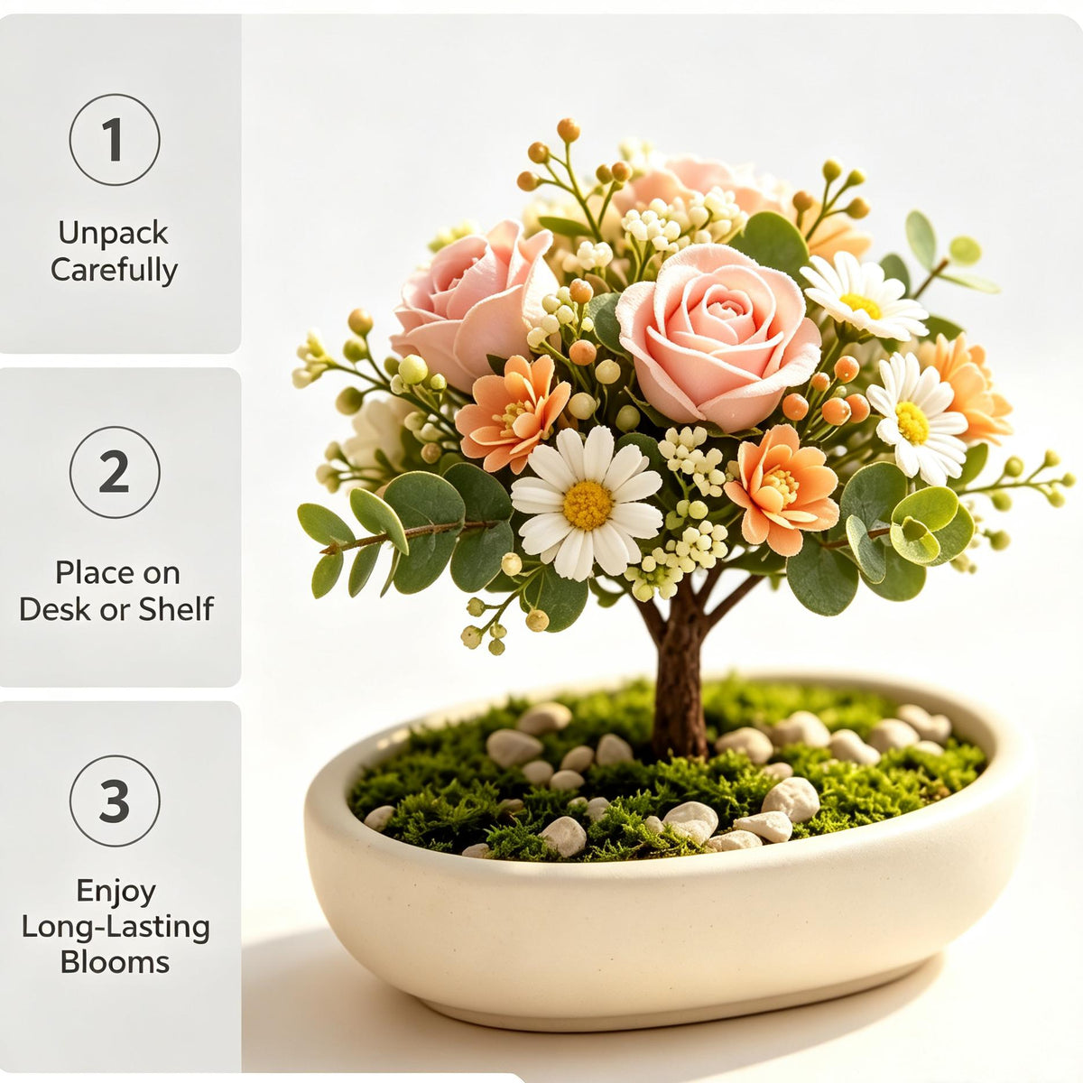 Shineiva®Pink & Orange Rose Daisy Mini Bonsai in White Ceramic Pot
