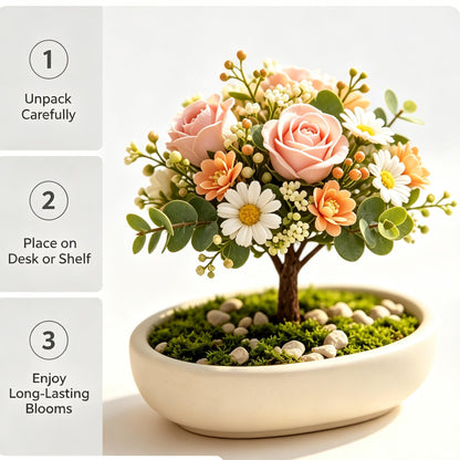 Shineiva®Pink & Orange Rose Daisy Mini Bonsai in White Ceramic Pot