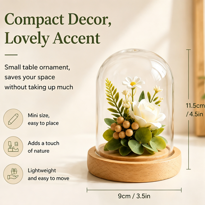 Shineiva® Artificial Flower Cloche with Glass Dome & Wood Base, Desk Decor