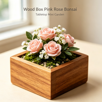 Shineiva® Wood Box Pink Rose Artificial Arrangement, Mini Tabletop Faux Flower Decor