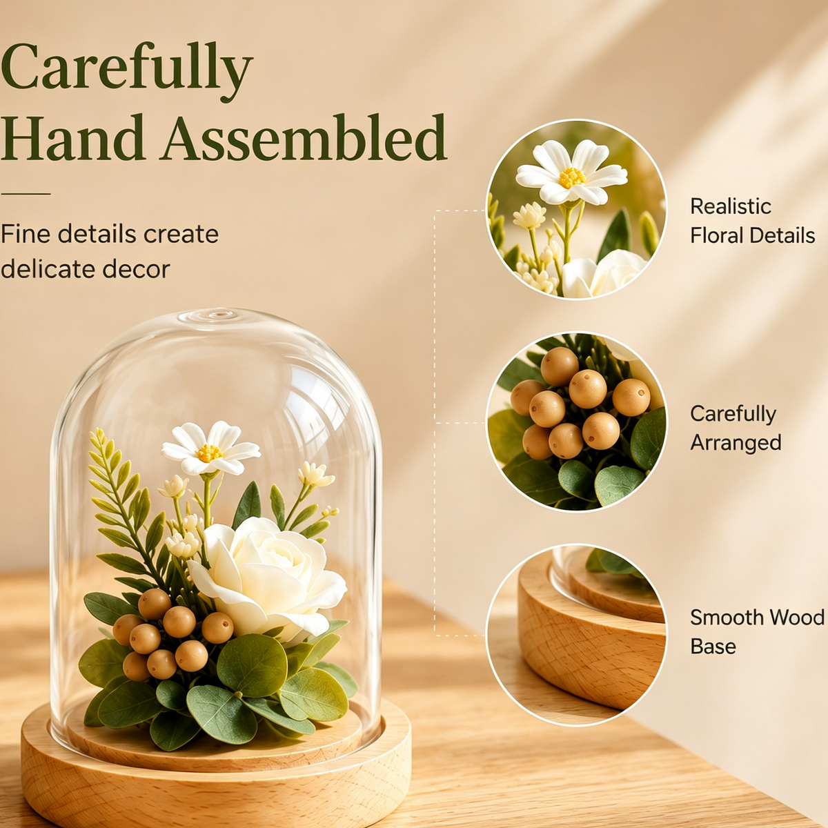 Shineiva® Artificial Flower Cloche with Glass Dome & Wood Base, Desk Decor