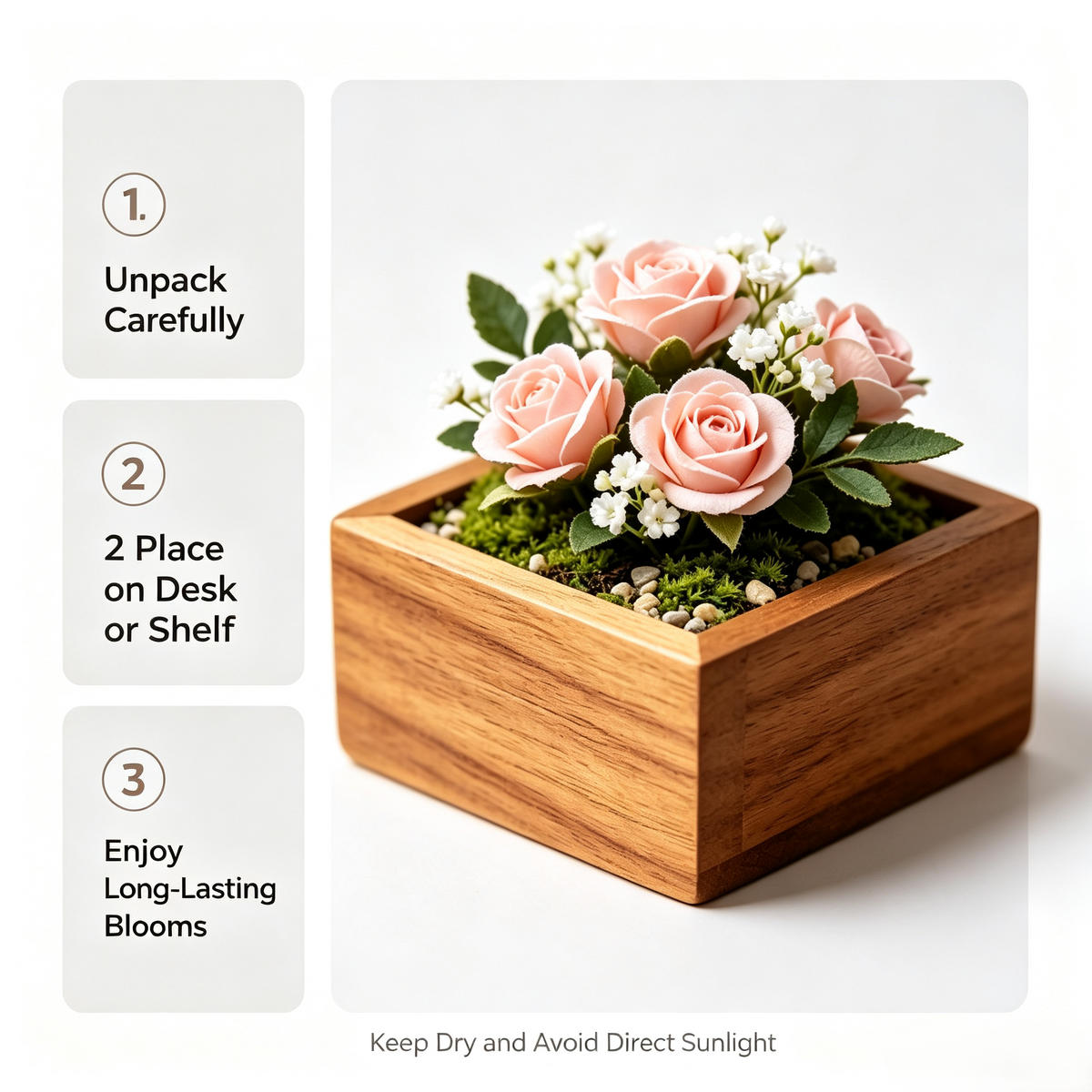 Shineiva® Wood Box Pink Rose Artificial Arrangement, Mini Tabletop Faux Flower Decor