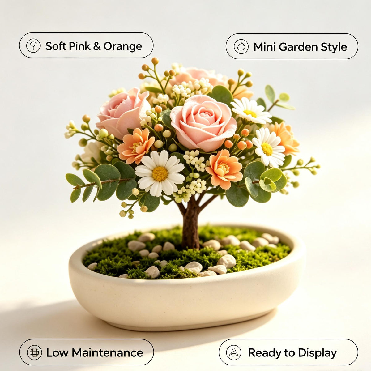 Shineiva®Pink & Orange Rose Daisy Mini Bonsai in White Ceramic Pot