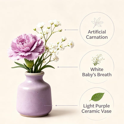 Shineiva® Purple Artificial Carnation Bouquet with Light Purple Ceramic Vase