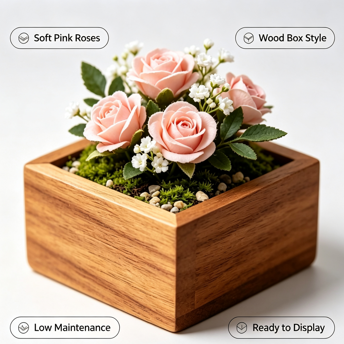 Shineiva® Wood Box Pink Rose Artificial Arrangement, Mini Tabletop Faux Flower Decor