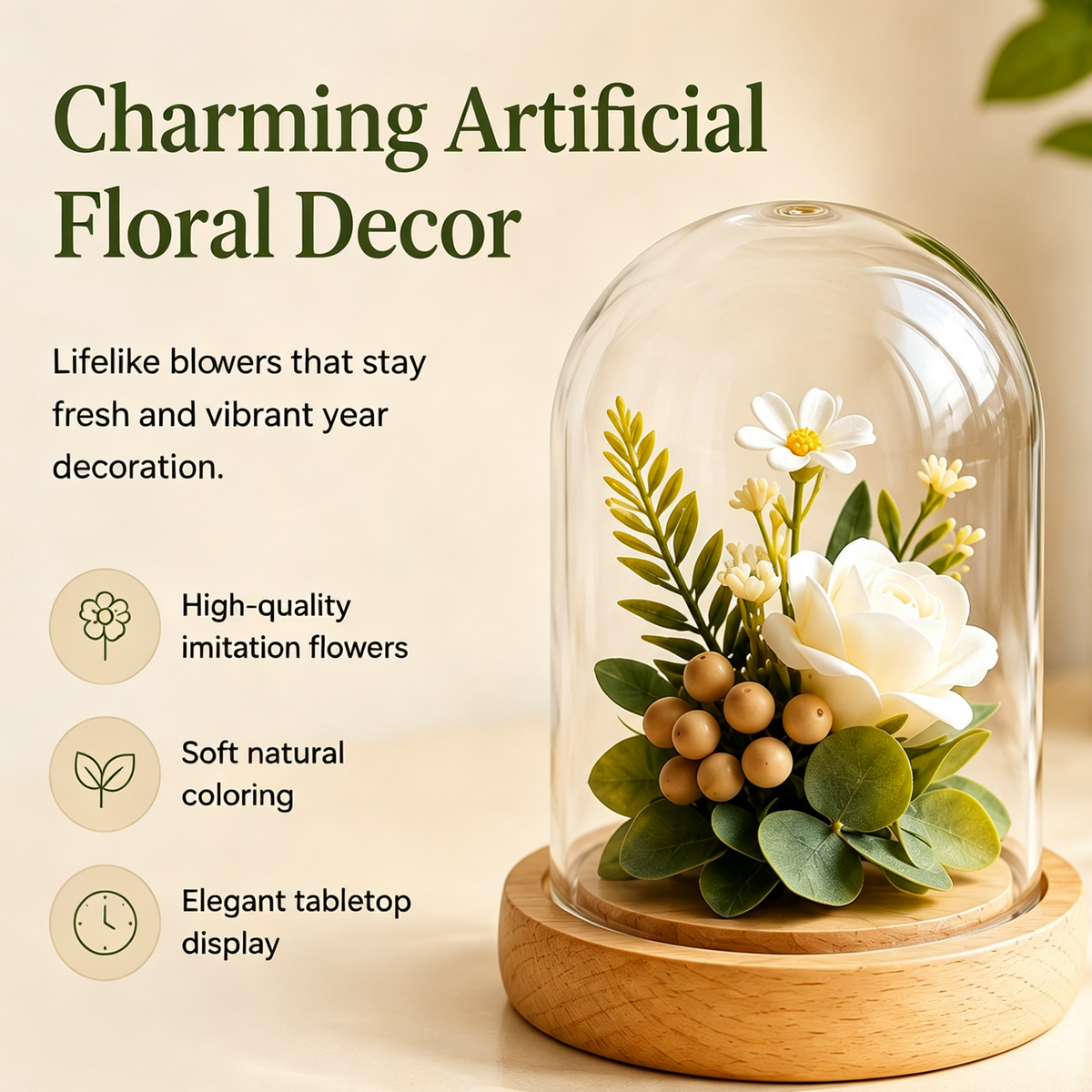 Shineiva® Artificial Flower Cloche with Glass Dome & Wood Base, Desk Decor