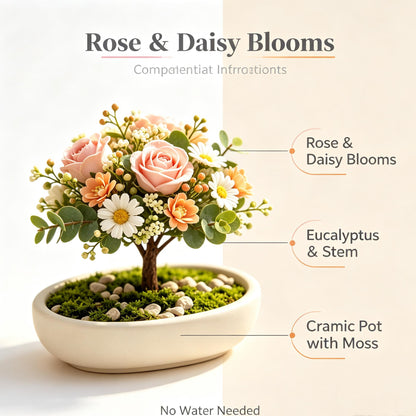 Shineiva®Pink & Orange Rose Daisy Mini Bonsai in White Ceramic Pot