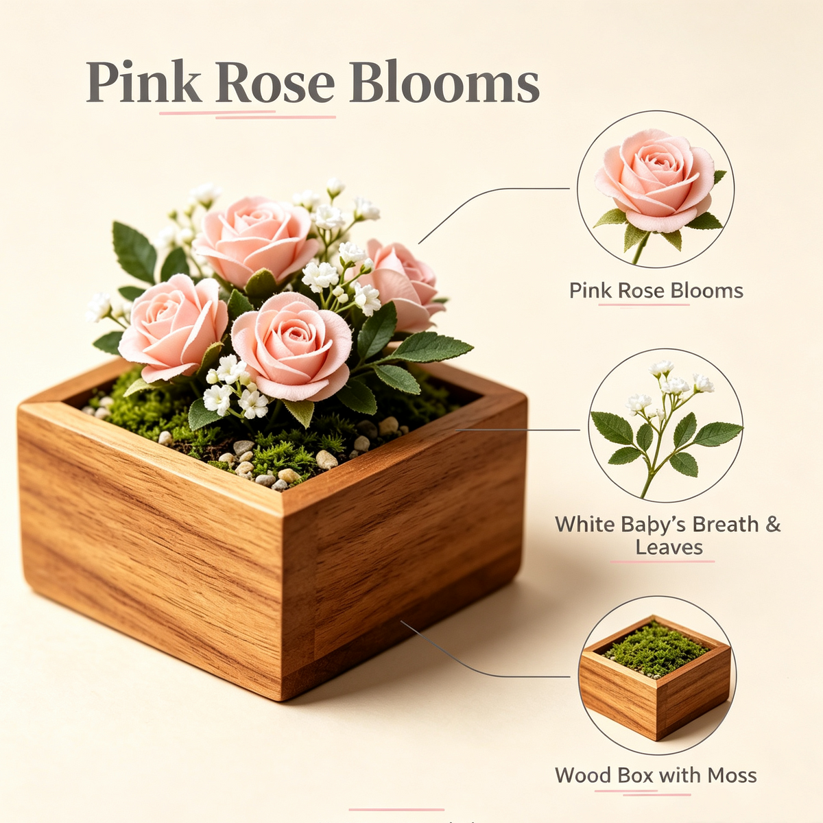Shineiva® Wood Box Pink Rose Artificial Arrangement, Mini Tabletop Faux Flower Decor