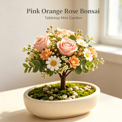Shineiva®Pink & Orange Rose Daisy Mini Bonsai in White Ceramic Pot