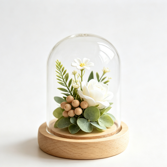Shineiva® Artificial Flower Cloche with Glass Dome & Wood Base, Desk Decor