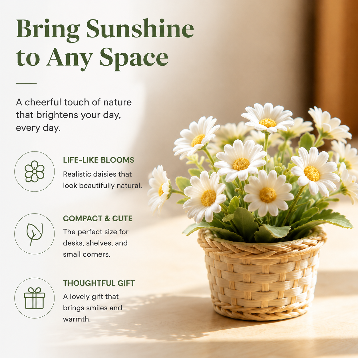 Low-Maintenance Faux Daisy Arrangement, Rustic Home & Office Desk Decor