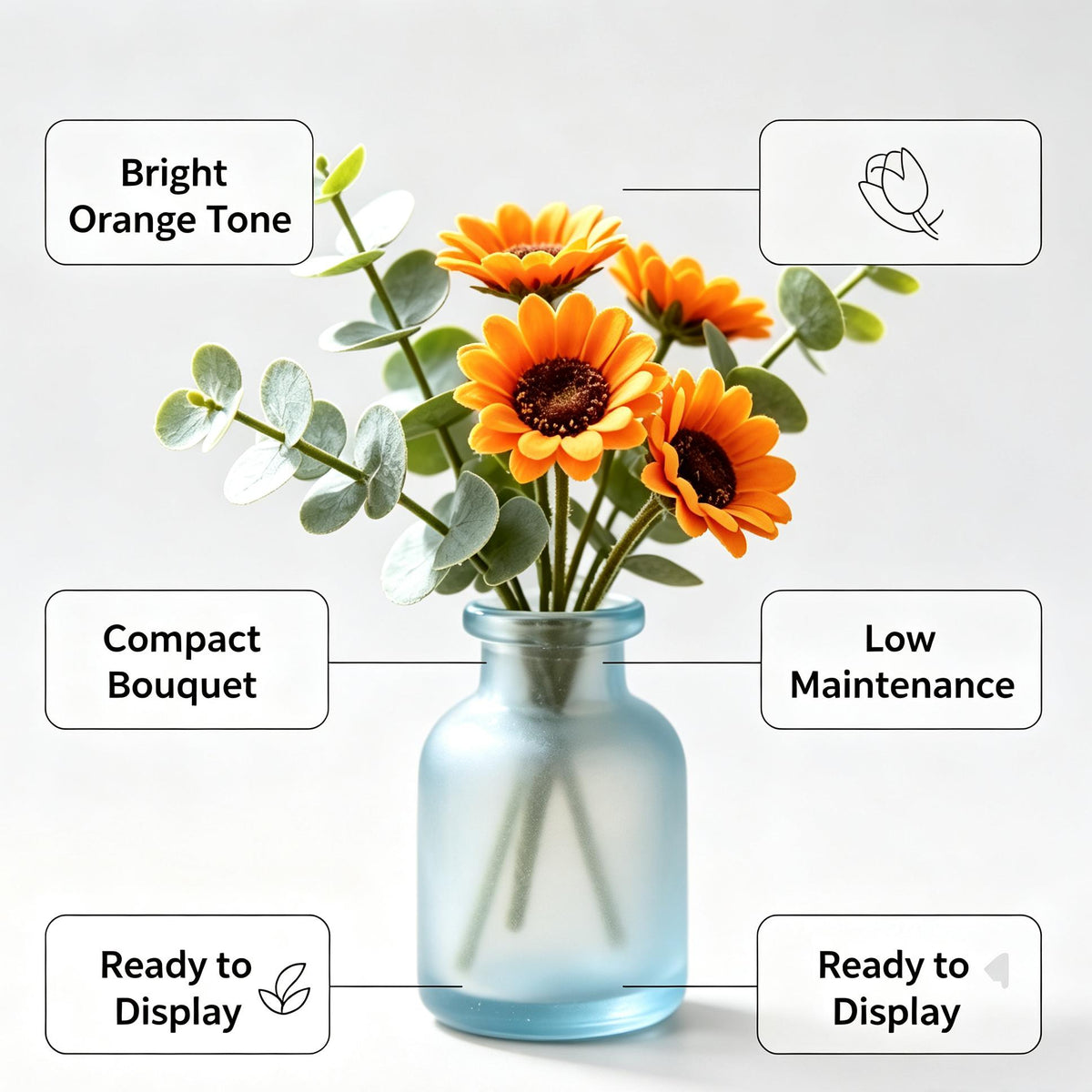 Shineiva® Orange Sunflower Artificial Bouquet with Light Blue Frosted Glass Vase
