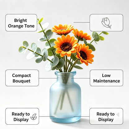 Shineiva® Orange Sunflower Artificial Bouquet with Light Blue Frosted Glass Vase