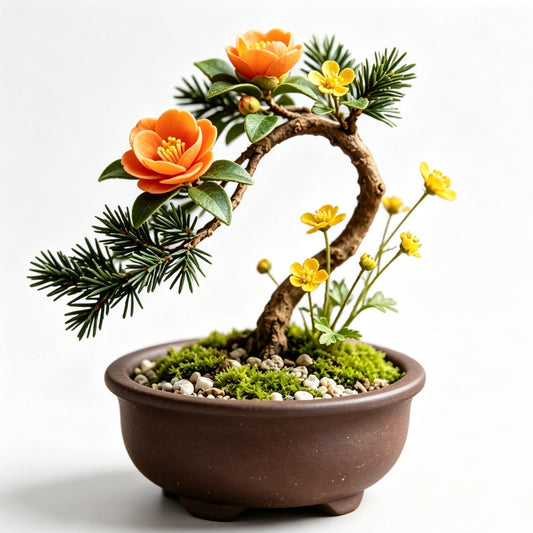 Shineiva® Orange & Yellow Flower Mini Bonsai in Brown Ceramic Pot