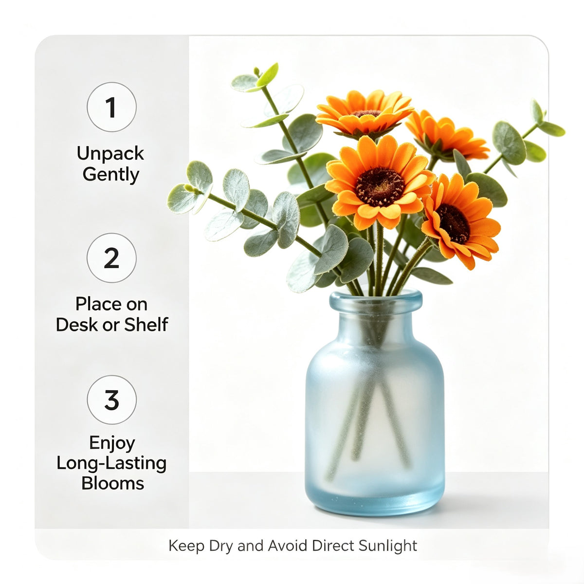 Shineiva® Orange Sunflower Artificial Bouquet with Light Blue Frosted Glass Vase