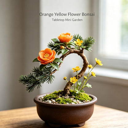 Shineiva® Orange & Yellow Flower Mini Bonsai in Brown Ceramic Pot